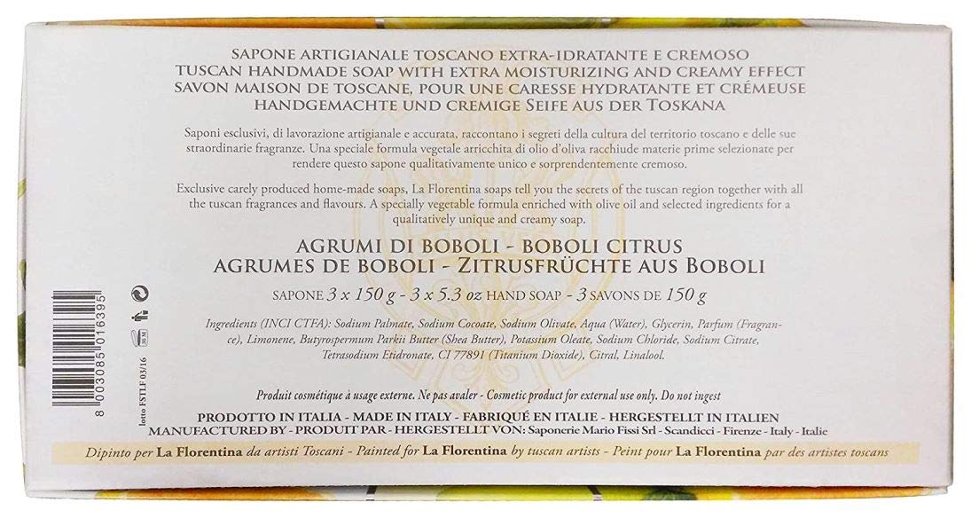 La Florentina: "Agrumi di Boboli" Bar Soaps, Citrus Scent, "Bellosguardo" Collection - Pack of 3 Soaps, 5.3 Ounces (150g) Each, Gift Box [ Italian Import ]