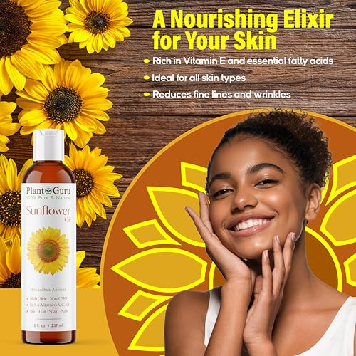 Plant Guru Sunflower Oil 4 fl oz ? Cold?Pressed, 100% Pure & Natural Carrier for Skin, Face, Body, Hair & Cooking. Great for DIY Creams, Lotions, Soaps & Lip Balms.