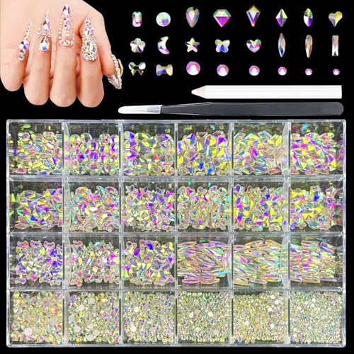 Kaipheiquan AB Nail Rhinestones Kit - 18 Shapes + 3200 Flat-Back Stones, 900 AB Diamonds (Variation: AB nail rhinestones)