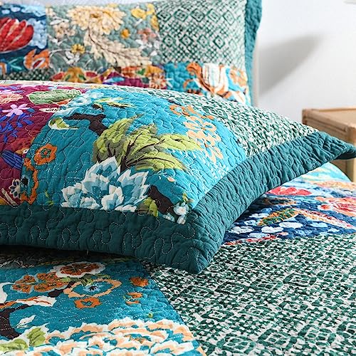 Autumn Dream Reversible Cotton Bedspread Quilt Set King Turquoise Floral Patchwork