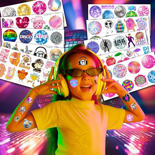 96PCS Disco Ball Temporary Tattoos Themed Birthday Party Decorations Supplies Favors Decor Cute 70s 1970s Dance Dancing Tattoo Stickers Gifts For Kids Girls Boys Prizes Carnival