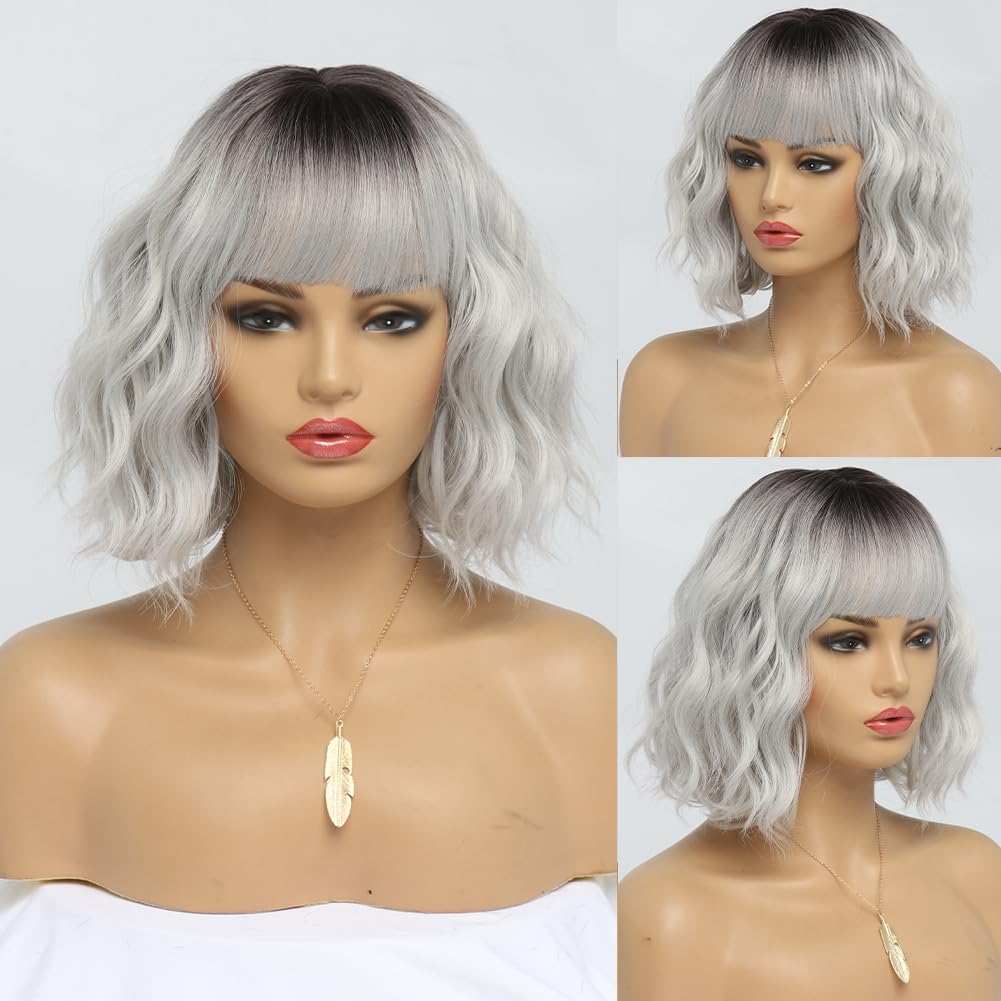 EssionTech Short Silver Wigs for Women Ombre Grey Wavy Bob Wig with Bangs Medium Length Synthetic Hair Water Wave Dark Roots Wig Gray Colorful Wigs（14 Inches）
