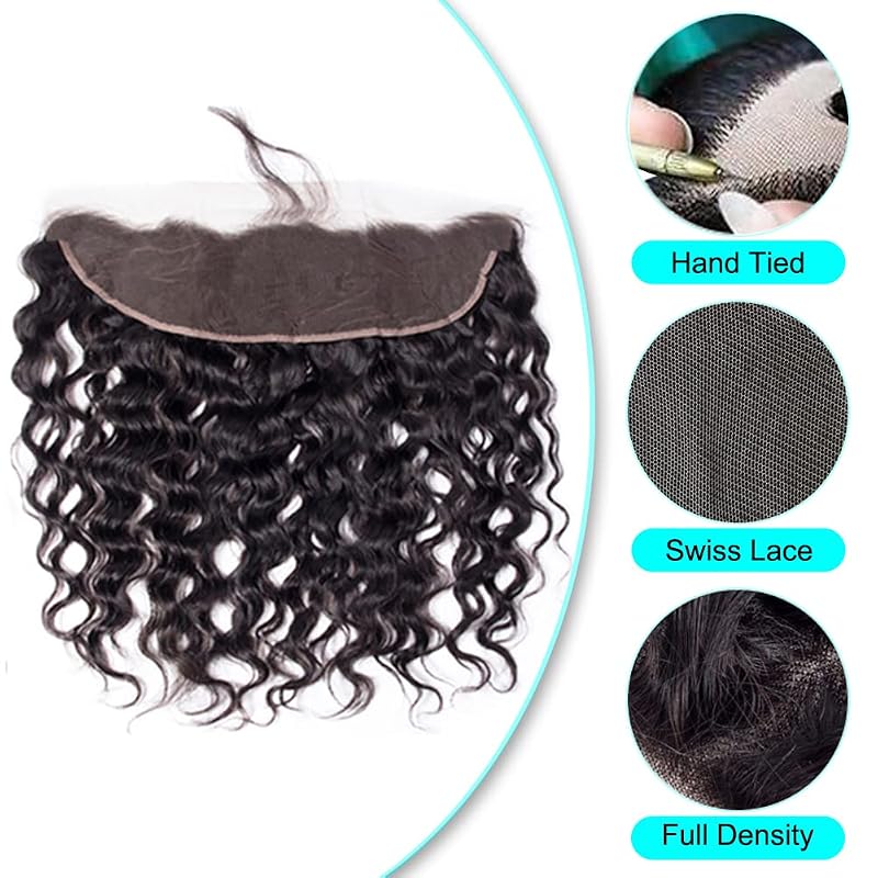 Water Wave Virgin Human Hair Bundles with Frontal 8 in Black - 50g, 13x4 Lace