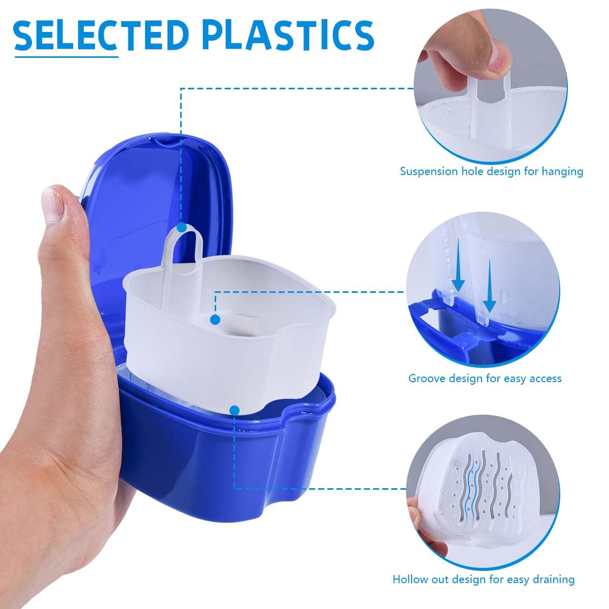 KISEER 2 Pack Colors Denture Bath Case Cup Box Holder Storage Soak Container with Strainer Basket for Travel Cleaning (Light Blue and Blue)