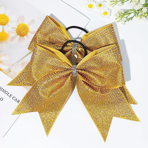 Cheerleader Hair Bows 6-Pack 8 Inch Glitter Gold Rhinestone Cheer Hair Accessories for Girls - Variation: Glitter Gold + Full Rhinestone