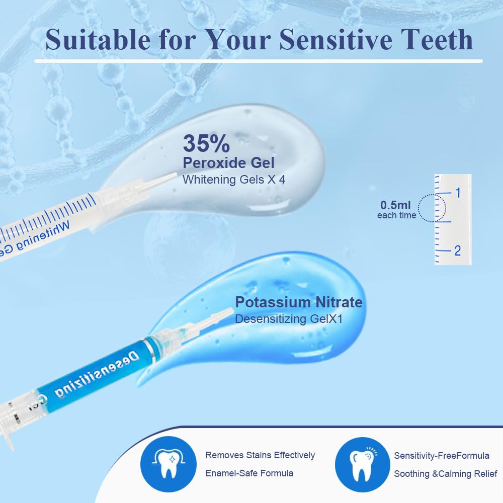 RVEYI Teeth Whitening Kit - LED Light Timer, Pro Professional for Sensitive Teeth 35% Carbamide Peroxide,4 * 3ml Gel Syringes, 1* Remineralization Gel, and Tray