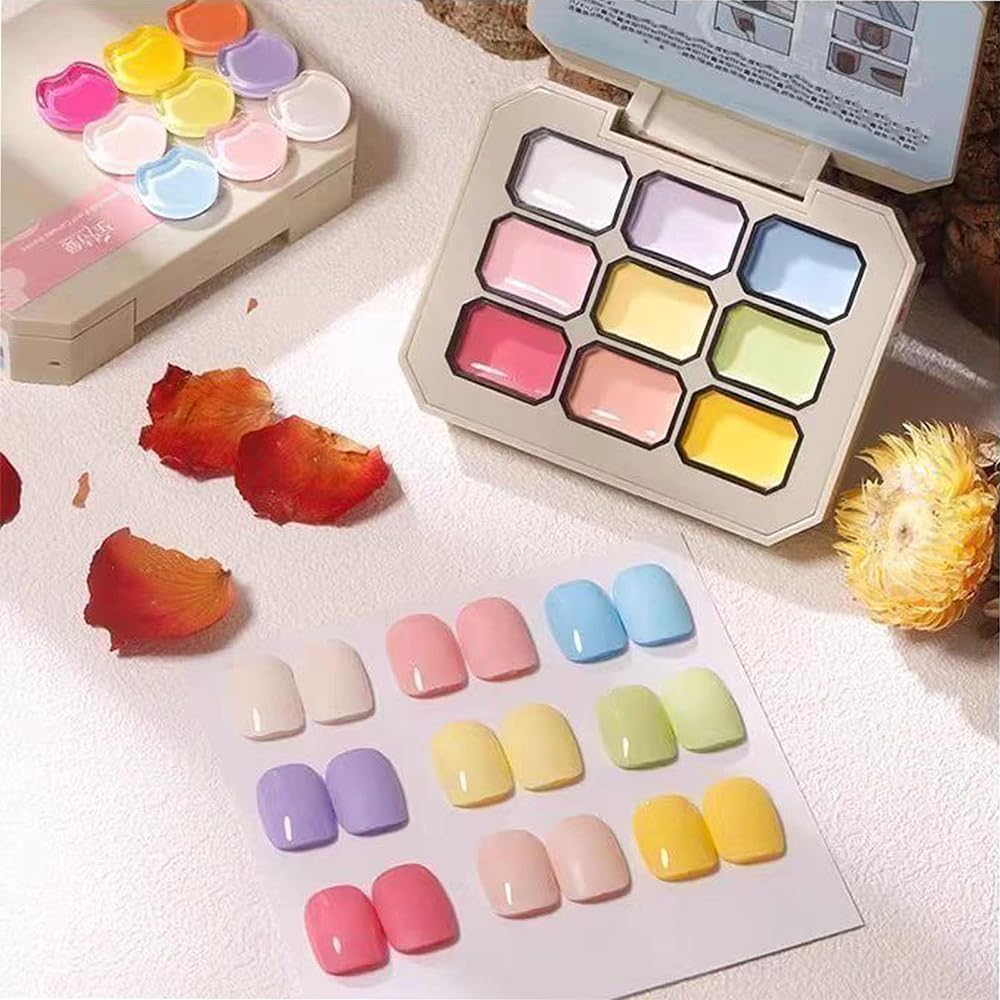 Gel Nails Paint,9 Colors Gel Nail Polish Painting Palette,Creamy Colorful Nail Polish Set,Portable Gift for Mom/Girls/Friend DIY Home (A1)