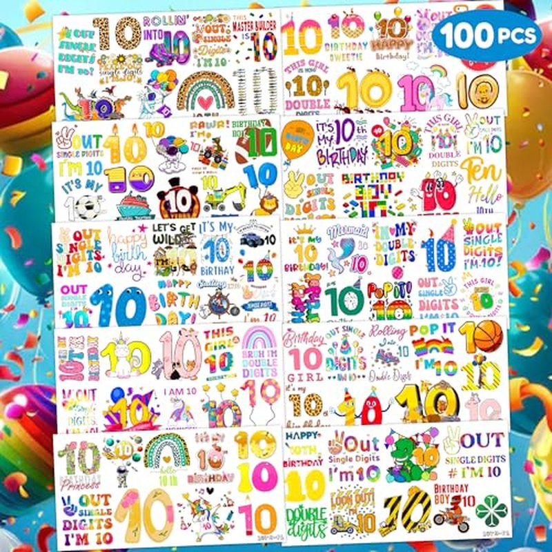 100 PCS Funny 10Th Decoration Birthday Party Decorations Favors Supplies Themed Decor Peace Out Single Digits Tenth Double Digits Temporary Tattoos Stickers Girls Boys Classroom School Prizes Reward