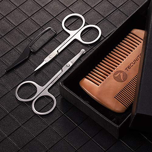 TecUnite 4 Pieces Mustache Scissors Grooming Kit for Men, Beard Trimmer Set, 2 Small Combs and 2 Scissors Beard Trimming Kit with Storage Bag Box
