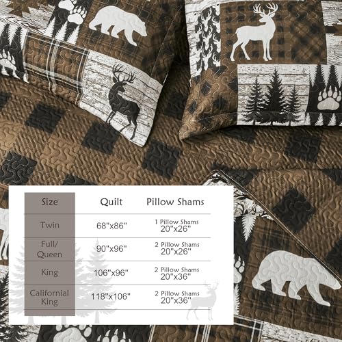 Reversible Cabin King Size Quilt Set with Shams - Bear Brown, Rustic Farmhouse Bedding