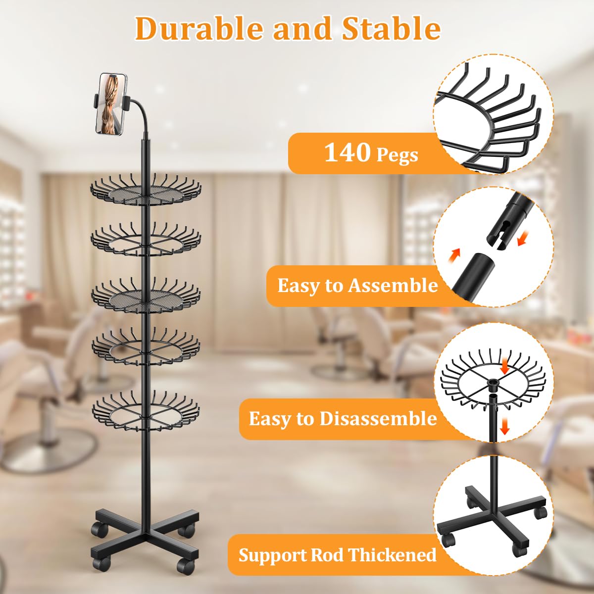 TERIBEYI Braiding Hair Rack Standing Hair Extension Holder Hanger with 140 Pegs - Braiding Hair Rack & Divider Stand for Displaying and Separating Hair