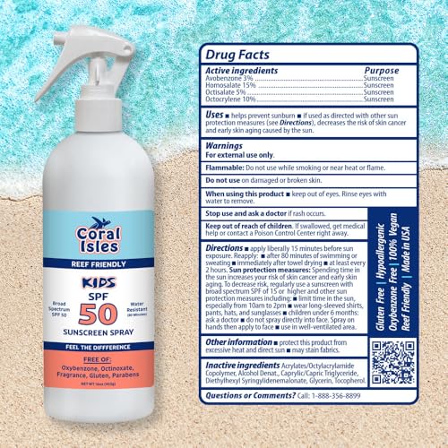 Coral Isles by Rocky Mountain Sunscreen | SPF 50 KIDS Spray | Broad Spectrum UVA/UVB Protection | Hawaii Reef-Safe Act Compliant | Oxybenzone & Octinoxate Free | Water Resistant 80 Min. | 16 Fl Oz