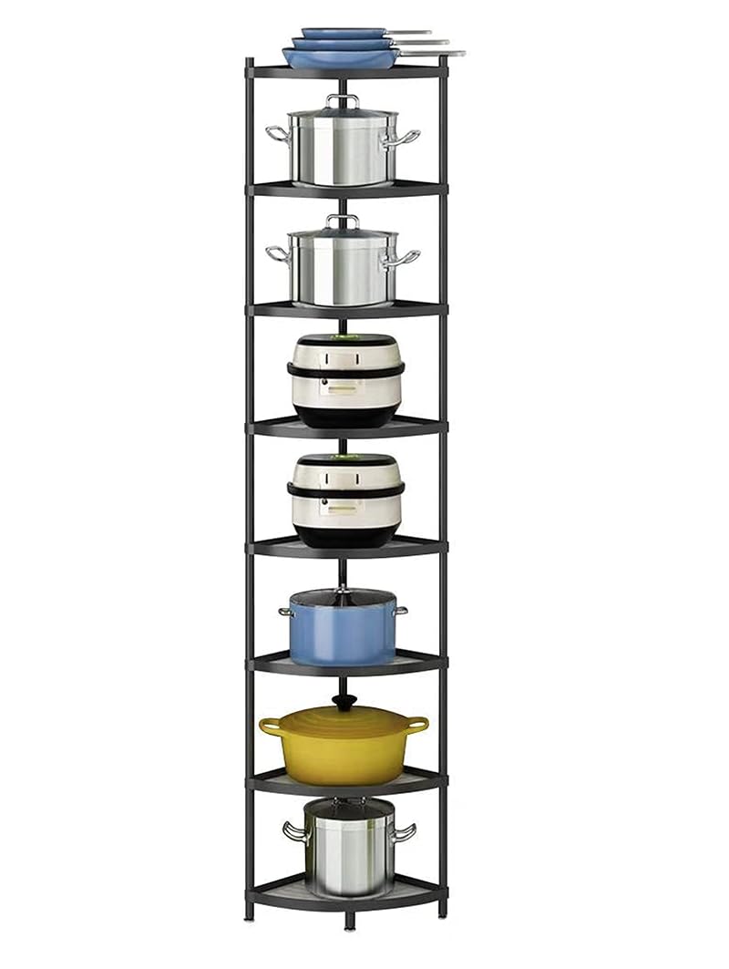 8-Tier Kitchen Corner Shelf Rack with Black Finish – Heavy-Duty Pot & Dish Storage
