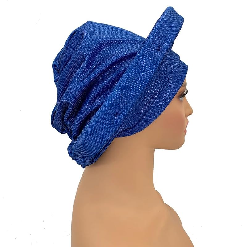 Royal Blue Pre Tied African Headwrap Turban Cap for Women - Nigerian Wedding & Party Head Tie