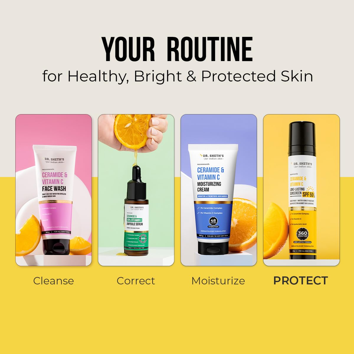 Dr. Sheth's Ceramide & Vitamin C Long lasting Sunscreen SPF 50+ PA++++ | Water & Sweat-Resistant | Non-Greasy & Quick-Absorbing | For Women & Men | 50g