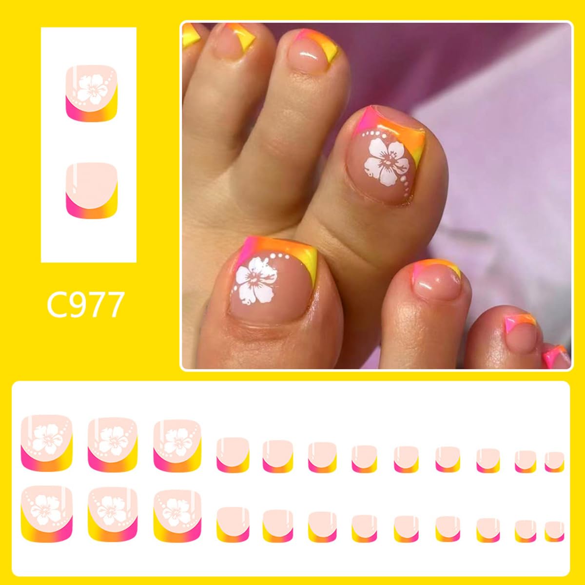 24PCS French Tip Press on Toenails Short Square Toe Press on Nails Cute Fake Toenails with White Hawaii Flower Designs Toenail Press ons False Toe Nails Cute Summer Beach Artificial Nails for Women