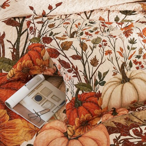 King Fall Pumpkin Quilt Set 3-Piece Reversible Bedspread for All Seasons