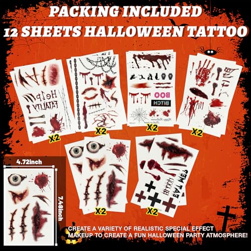 Halloween Face Tattoos, 12 Sheets Halloween Fake Scars Tattoo Makeup Kit, Fake Wound Realistic Blood Injury Cut Scratches Temporary Tatoos for Kids, Adults Men & Women Zombie Sticker