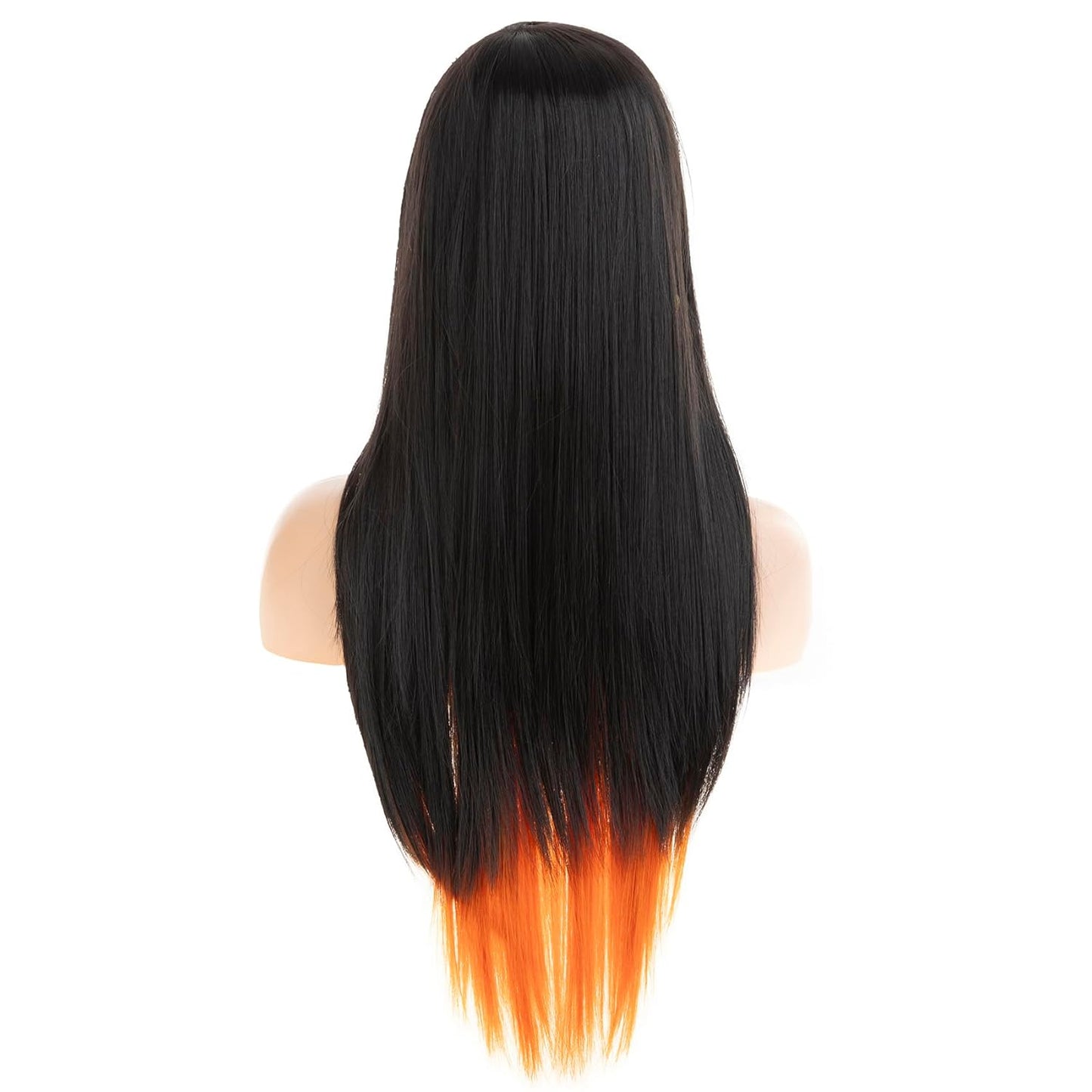 Silky Straight Long Red Black Wig with Side Bangs - Heat Resistant Synthetic Hair for Halloween