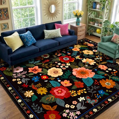 Floral Washable Area Rug 8x10 Black - Non-Slip, Pet-Friendly, Machine Washable