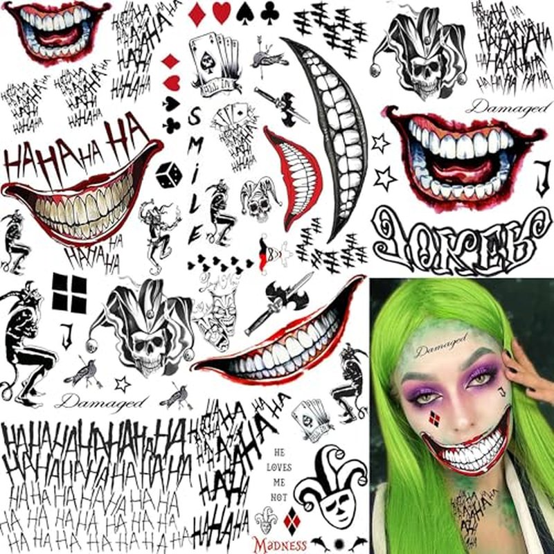 5 Sheets Joker Tattoos Stickers, Hand Damaged Joker Face Tattoos For Women Men Adults, 3D Fake Halloween Temporary Tattoos Makeup Kit Set Clown Inmate Prison Scary Halloween Makeup Accessory Costume