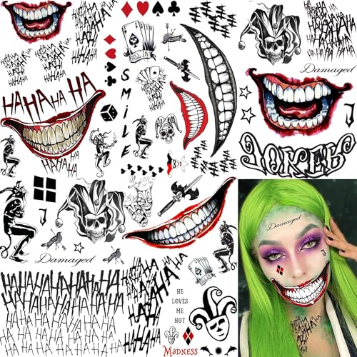 5 Sheets Joker Tattoos Stickers, Hand Damaged Joker Face Tattoos For Women Men Adults, 3D Fake Halloween Temporary Tattoos Makeup Kit Set Clown Inmate Prison Scary Halloween Makeup Accessory Costume