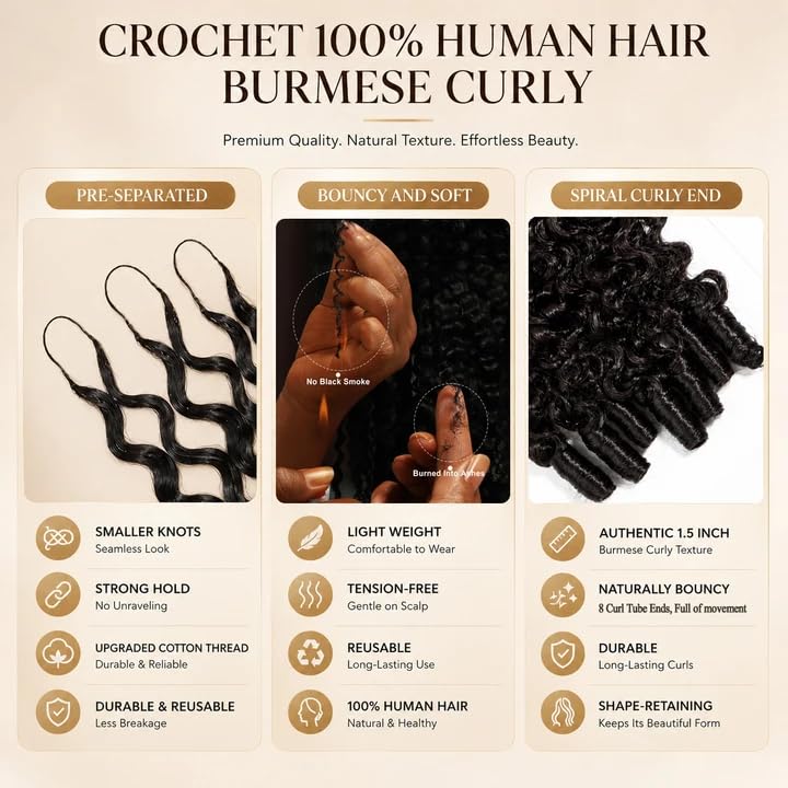 Natural Black Burmese Curly Crochet Hair 20 Inch, 50g - Knotless Feather Extensions for Protective Styles