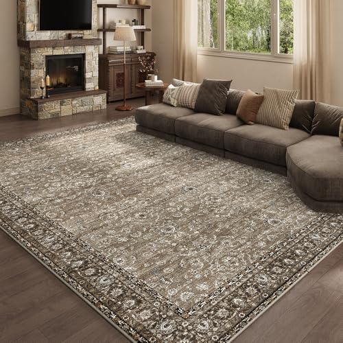 Grey and Brown 9x12 Washable Area Rug for Living Room - Vintage Print, Pet-Friendly, Non-Slip
