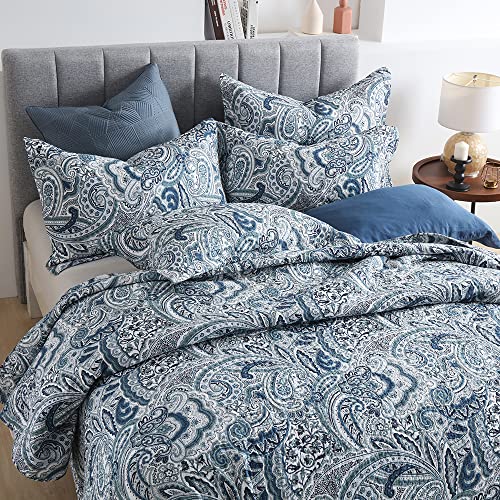 Reversible Cotton Bedspread Quilt Set - Blue Floral Paisley King Size - Autumn Dream