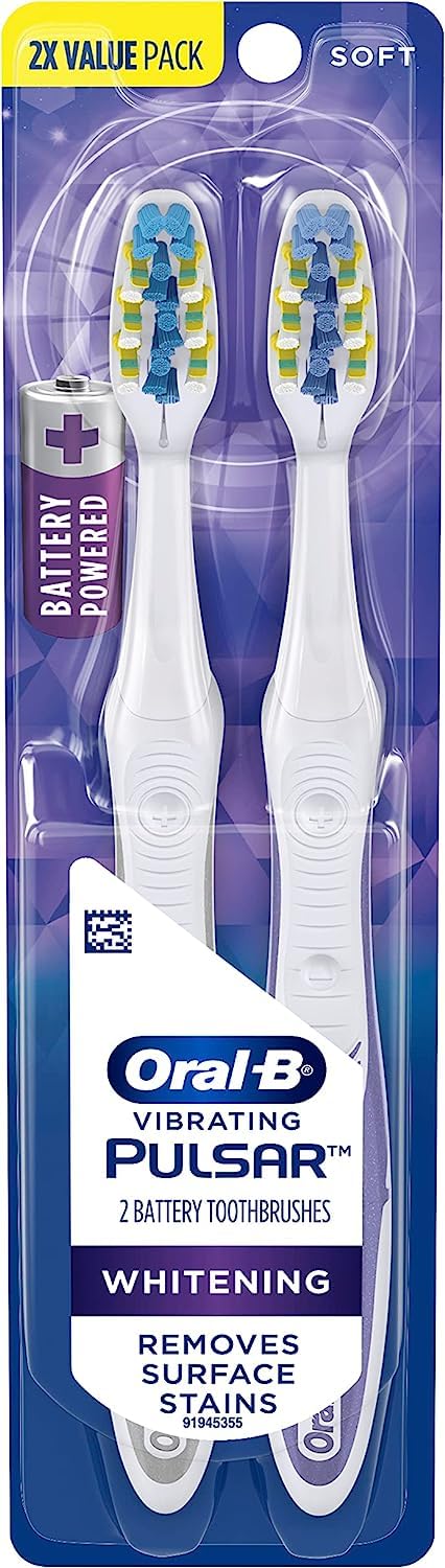 Oral-B Pulsar, Battery Powered 3D White Advanced Vivid Soft Toothbrush Twin Pack, Tooth Brush Pack, Travel Essentials (Colors May Vary)
