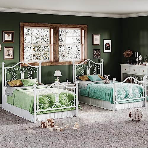 White Twin Metal Platform Bed Frame with Butterfly Pattern Design - Allewie