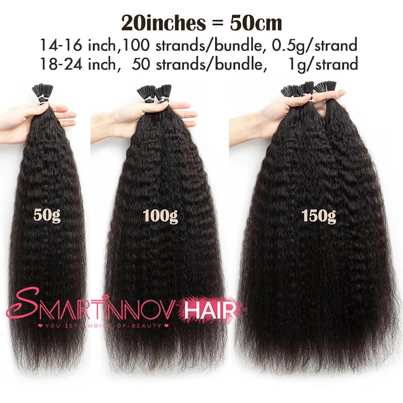 16 Inch Curly I Tip Human Hair Extensions - Pre Bonded Micro Beads, 50g, Kinky Straight Remy Hair for Women - Variation #1B-KS