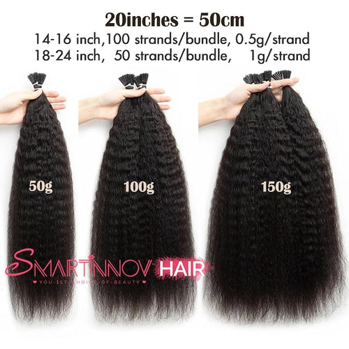 16 Inch Curly I Tip Human Hair Extensions - Pre Bonded Micro Beads, 50g, Kinky Straight Remy Hair for Women - Variation #1B-KS