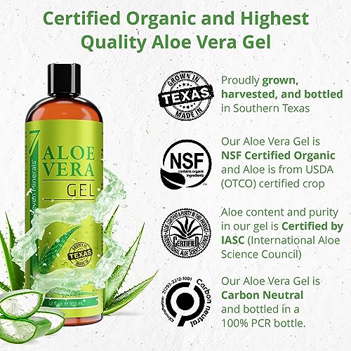 Seven Minerals Organic Aloe Vera Gel from freshly cut 100% Pure Aloe - Big 12oz - HighestQuality, Texas grown, Vegan, Unscented - For Face, Skin, Hair, Sunburn relief (Pack of 2)