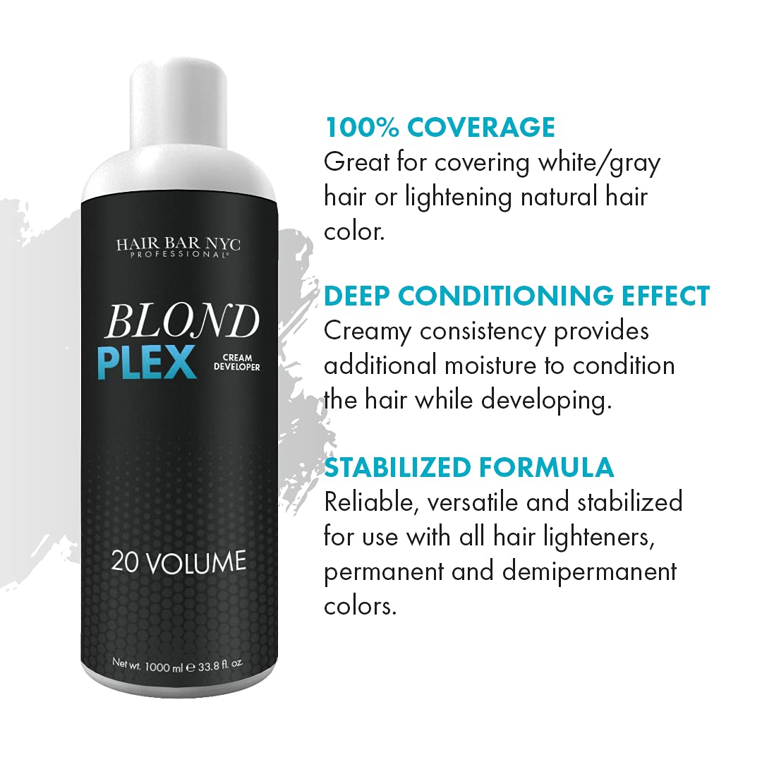 HAIR BAR NYC 20 Volume - Blond Plex Anti-Yellow Porfessional Lightening System for Charcoal Hair Bleach - Violet Developer with Plex, Reduce Brassy, Eliminates Orange Tones 33.8oz/1lt