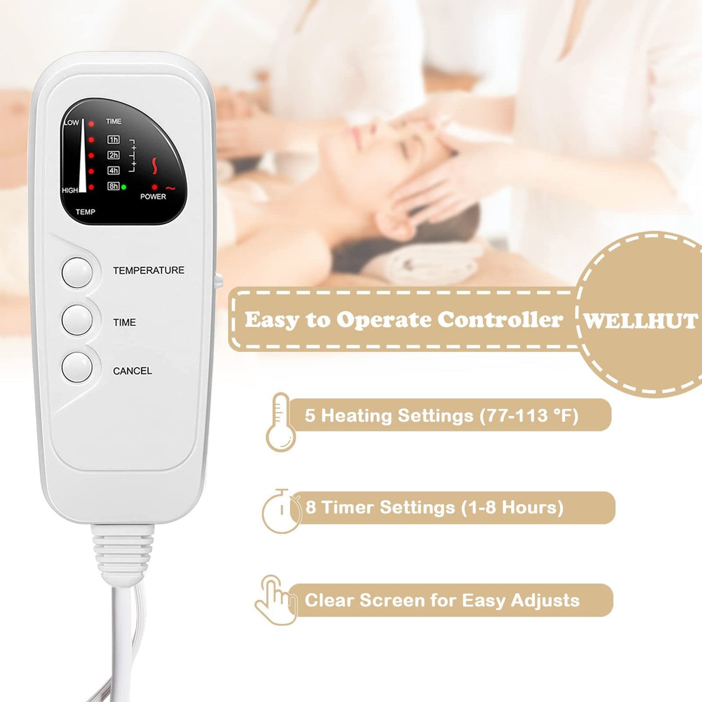 WELLHUT Massage Table Warmer Heating Pad, UL Certified Spa Massage Bed Warmers, Deluxe Fleece Table Cover w/ 5 Heat Levels, 8 Timer Settings, 12 Ft Cord, Machine Washable