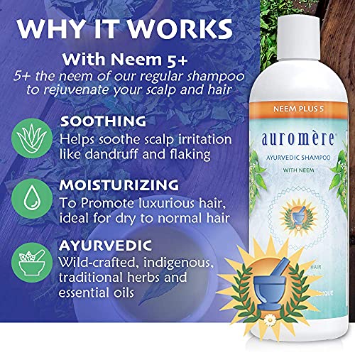 Auromere Ayurvedic Shampoo, Neem + 5 - Vegan, Cruelty Free, Non-GMO, Natural, Gluten Free, Sulfate Free, Paraben Free for Normal to Oily Hair (16 fl oz), 2 Pack
