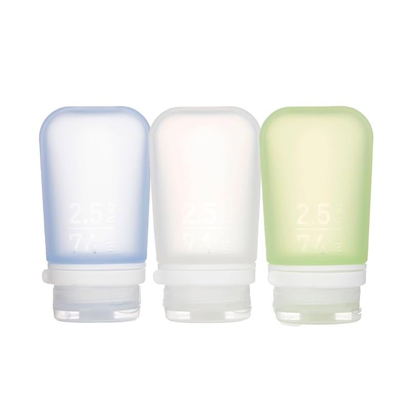 GoToob+ 3-Pack Medium (2.5 fl oz) Travel Bottles - Clear/Green/Blue, with LoopLock