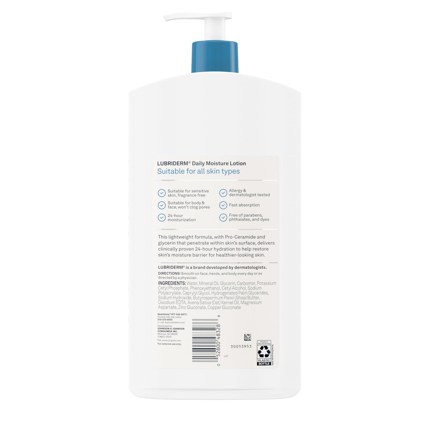 Lubriderm Fragrance Free Daily Moisture Lotion + Pro-Ceramide, Shea Butter & Glycerin, Face, Hand & Body Lotion for Sensitive Skin, Hydrating Lotion for Healthier-Looking Skin, 24 fl. oz