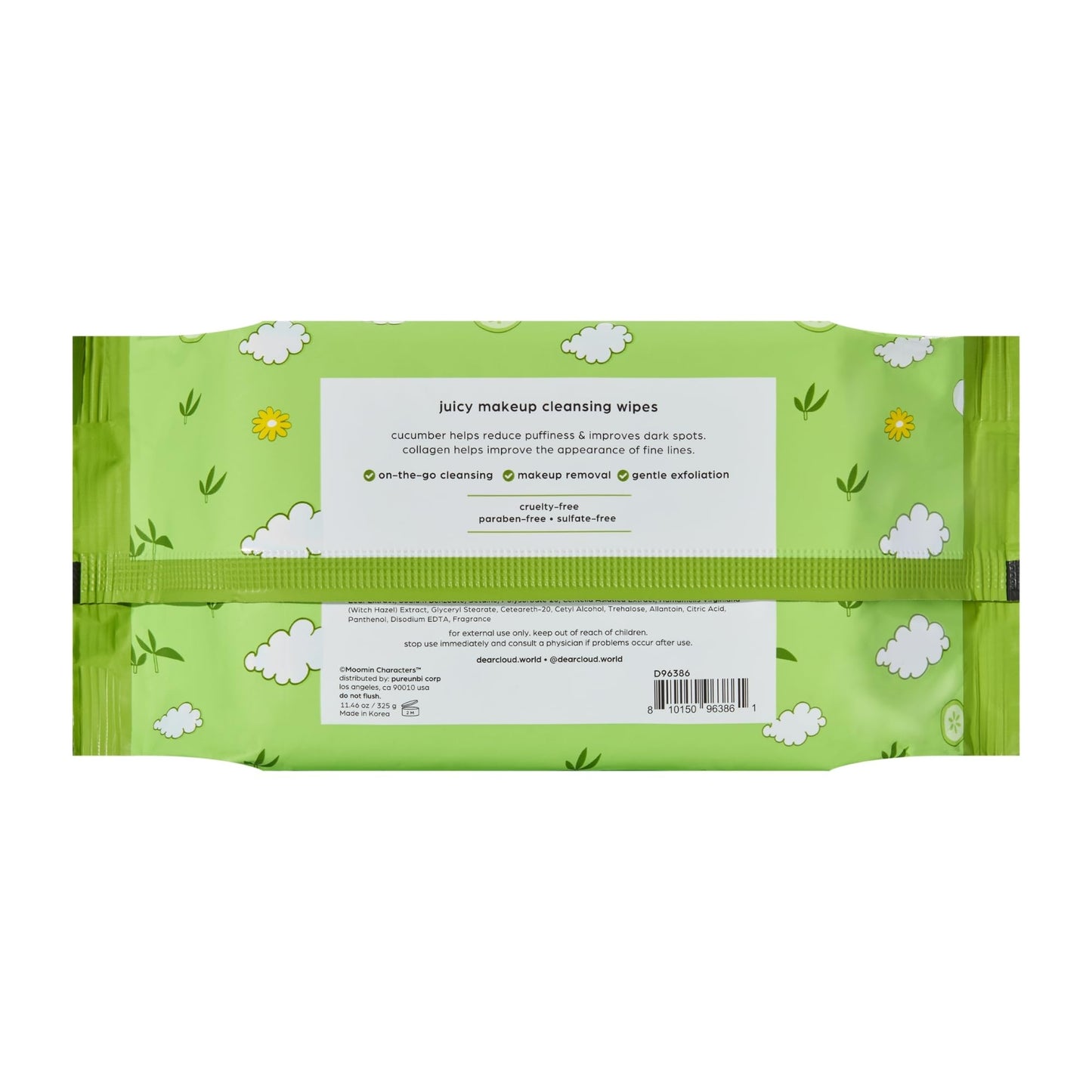 dearcloud Moomin Juicy Makeup Cleansing Wipes - 60 count- Cucumber & Collagen Makeup Remover Towelettes (Renewing Cucumber)