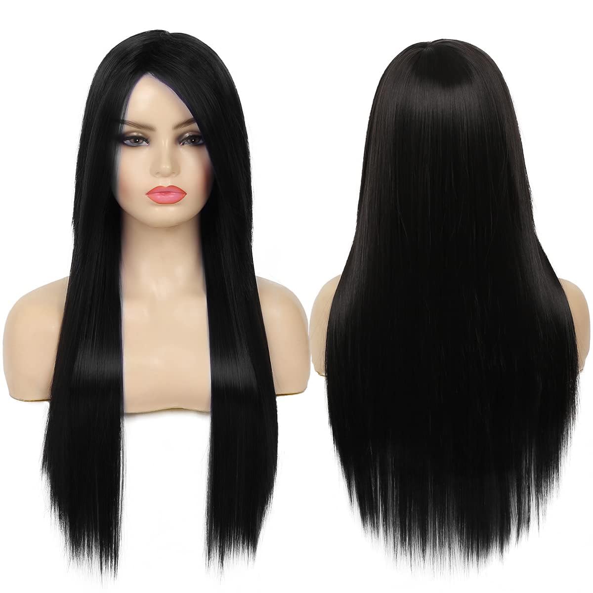 Silky Straight Long Red Black Wig with Side Bangs - Heat Resistant Synthetic Hair for Halloween