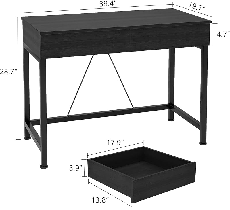 CAIYUN Small Computer Desk with Drawers - 39.4 Inch Desk with Storage, Black Wood & Metal
