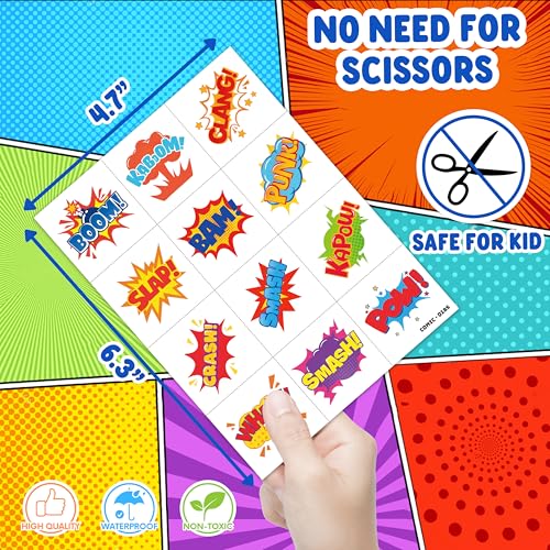 96 PCS Comic Pre-Cut Temporary Tattoos for Kids | Super Cute Pow Wow Boom Zap Themed Birthday Party Favors, Supplies, Decorations, Fake Tattoo Stickers, School Rewards Gifts for Boys & Girls