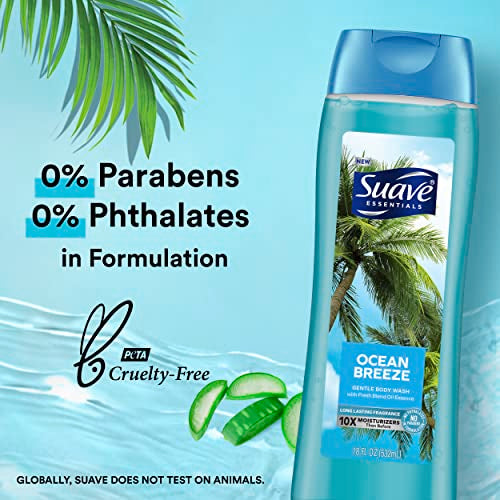 Suave Essentials Ocean Breeze Body Wash 6 Pack - Fresh Oil Blend, Vitamin E & Algae, Old Packaging