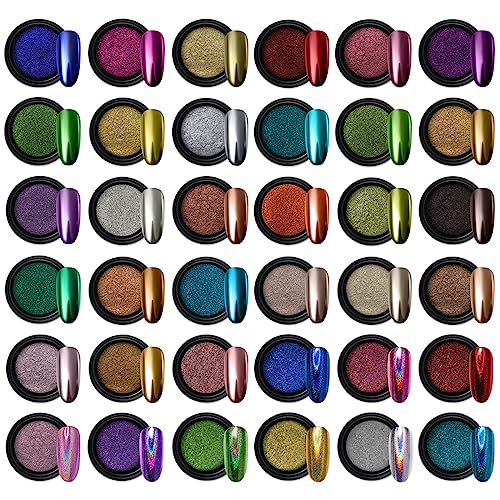 Multicolor Chrome Nail Powder Set - 36 Jars Metallic Mirror & Holographic Effect