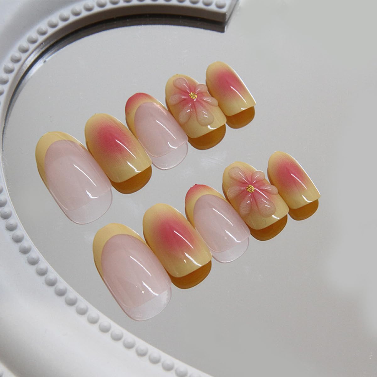 French Press on Nails Short Oval Fake Nails 3D Gelnail Flower Design Ombre Acrylic False Nails Kit Summer Glue on Nails Almond Press on Nails French Tip Nails Glossy Stick on Nails for Women 24PCS