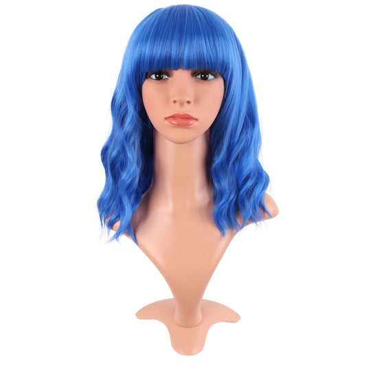 MapofBeauty 14 Inch/35 cm Short Wavy Curly Women Fresh Bright Synthetic Ordinary Flat Bangs Bob Wig (Blue)