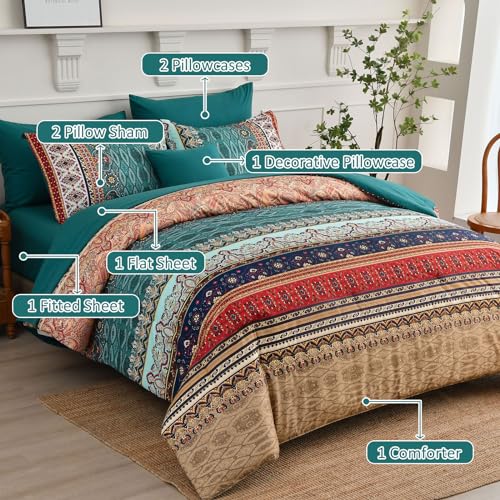 Cottolester Boho Queen Comforter Set - Green & Brown 8 Pieces Bed in a Bag