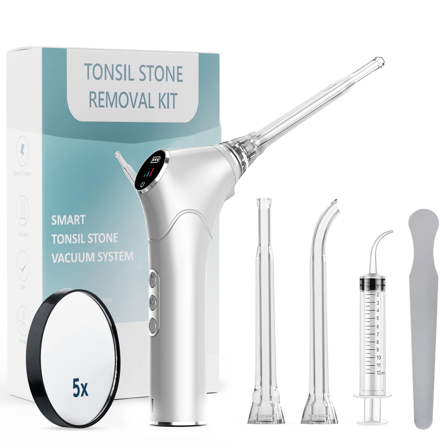Tonsil Stone Remover Kit - Electronic Tonsil Stone Vacuum with Built-in LED Light - Tonsil Stone Removal Kit with 3 Levels Suction - Instant Suction - Irrigator and 5X Magnifying Mirror (White)