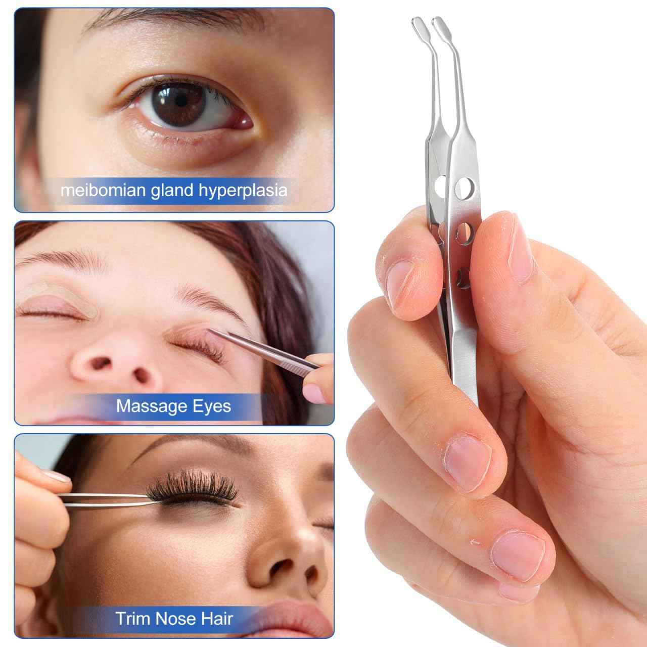 TEHAUX Meibomian Gland Expressor, Stainless Steel Eyelid Massage Tweezer with Positioning Pin, Prevent Excessive Force, Rectangle Tip Eyelid Expressor for Dry Eyes (Silver)